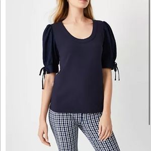 Ann Taylor Tie Cuff Puff Sleeve Tee ~ Navy ~ Size Medium